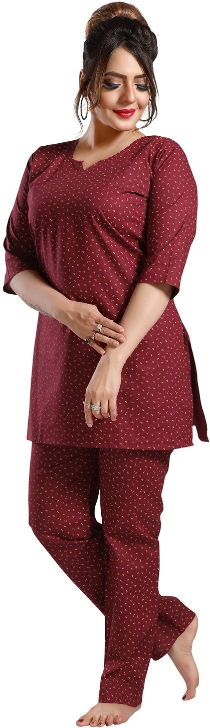 Fabme Women's Maroon Printed Cotton EveryDay Co-Ord Set