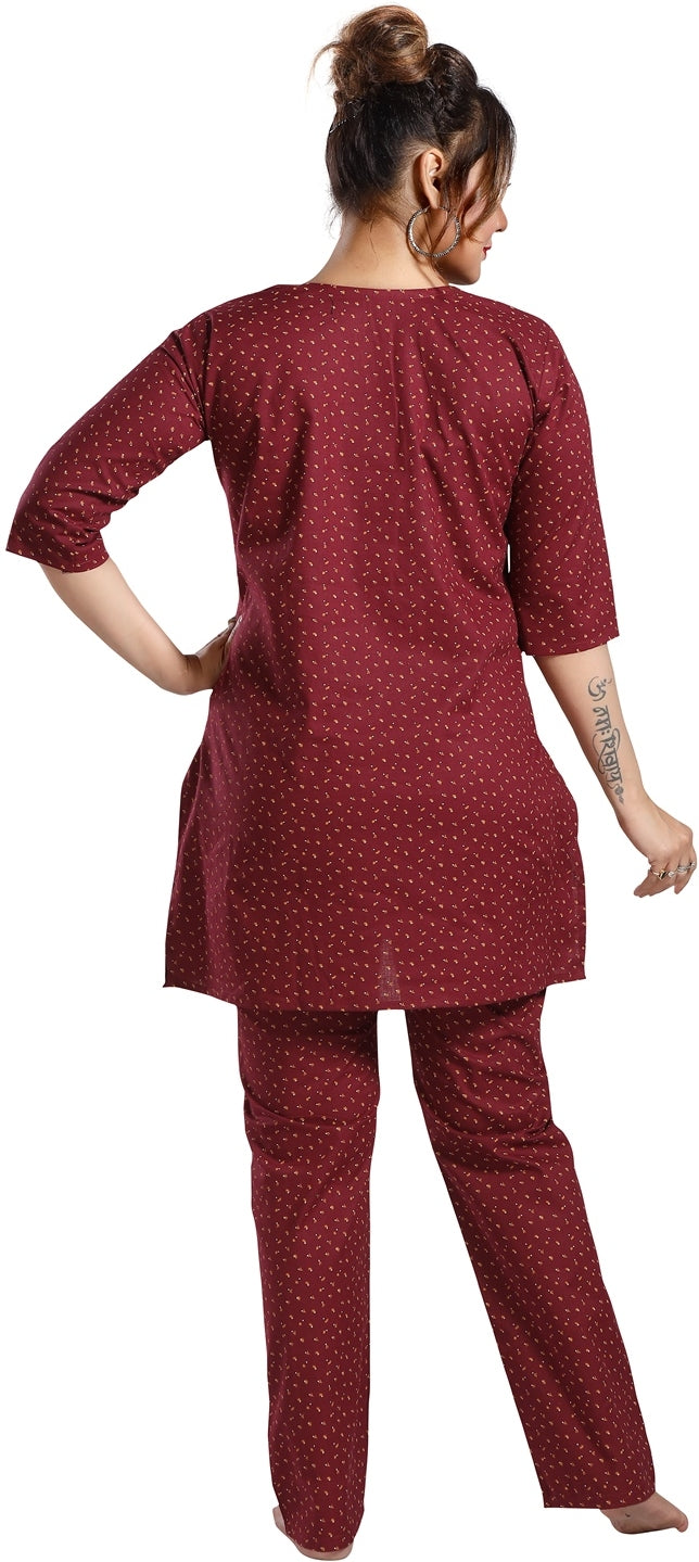 Fabme Women's Maroon Printed Cotton EveryDay Co-Ord Set