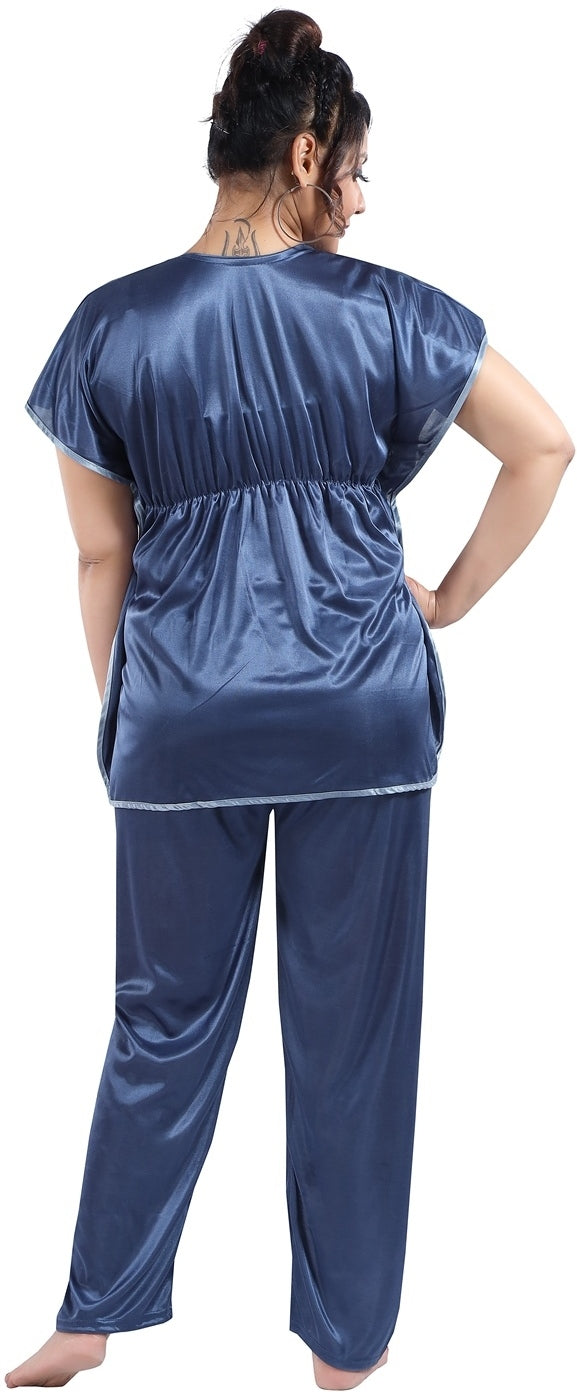 Fabme Women's Navy Blue Plain Satin EveryDay Top and Pyjama Set