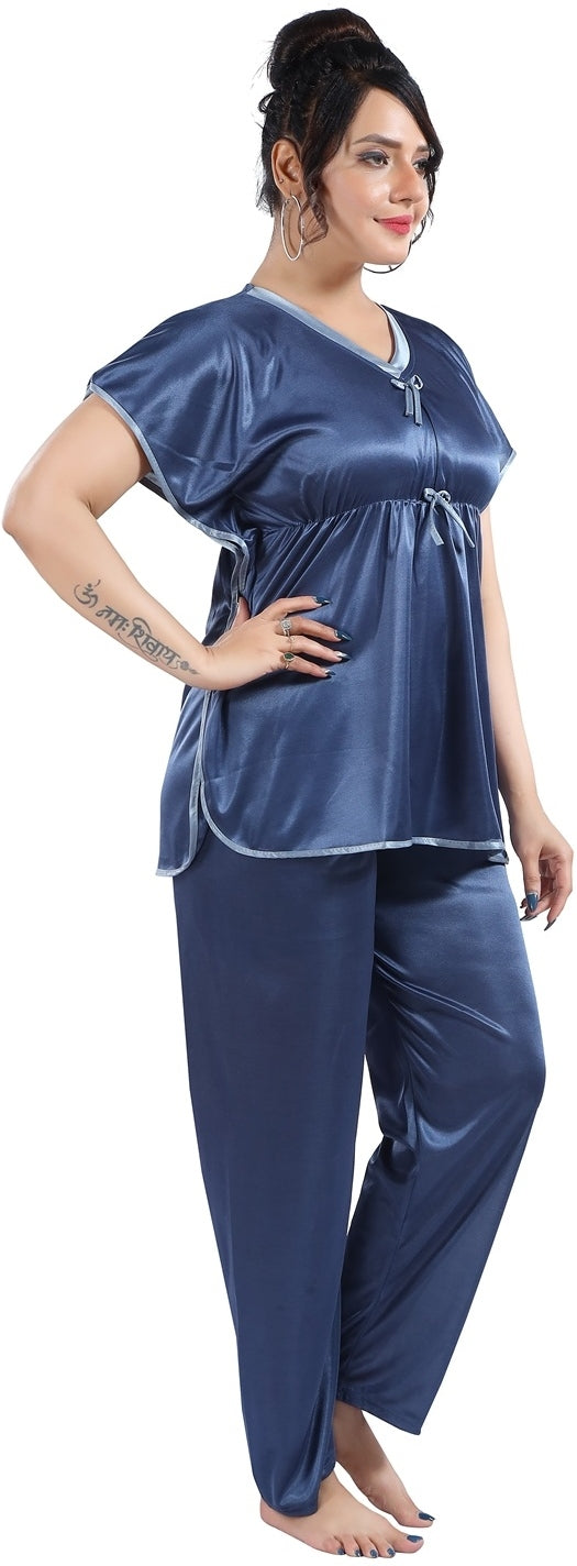 Fabme Women's Navy Blue Plain Satin EveryDay Top and Pyjama Set