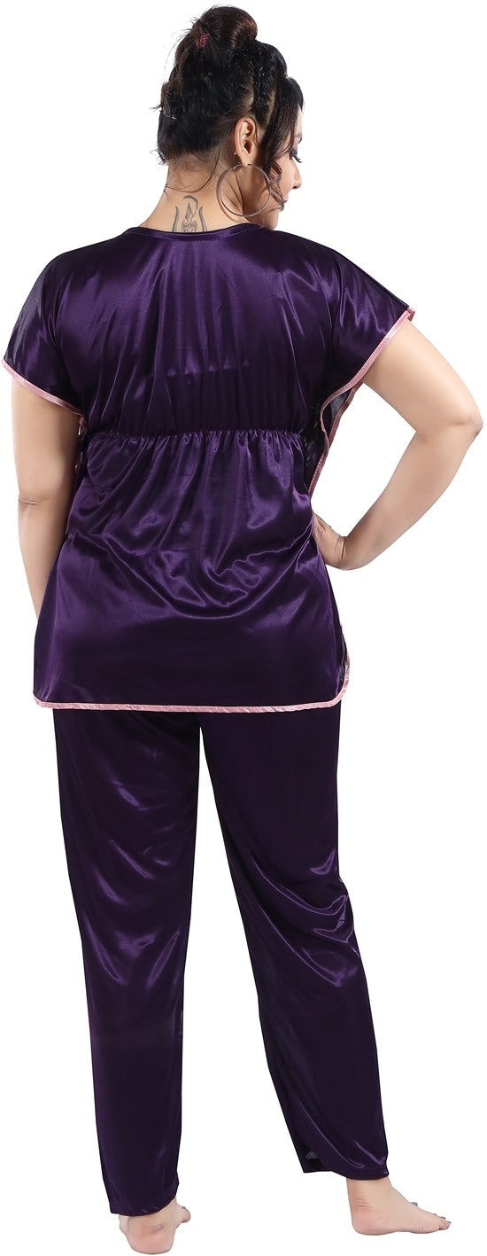 Fabme Women's Purple Plain Satin EveryDay Top and Pyjama Set