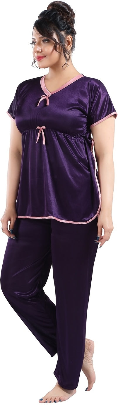 Fabme Women's Purple Plain Satin EveryDay Top and Pyjama Set