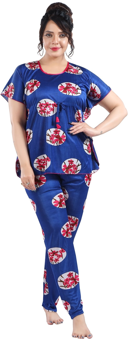 Fabme Women's Blue Printed Satin EveryDay Top and Pyjama Set