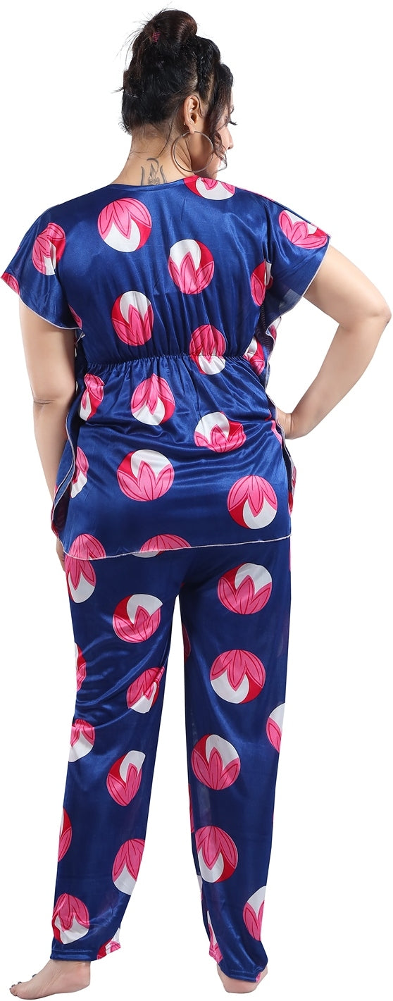 Fabme Women's Blue Printed Satin EveryDay Top and Pyjama Set