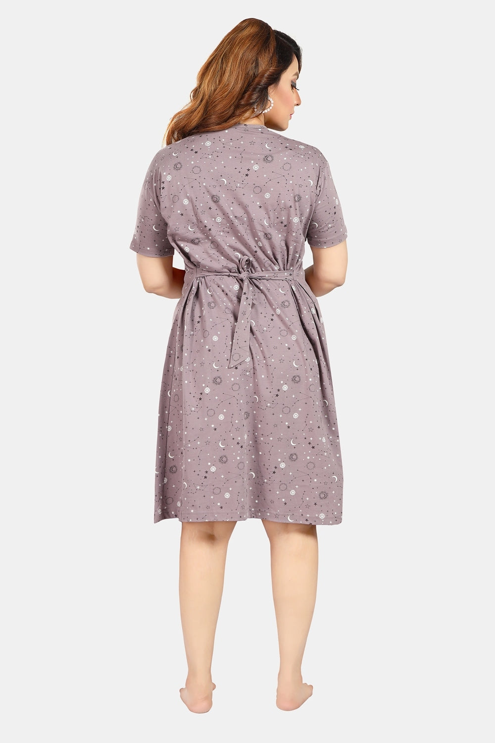 Fabme Women's Light Chocolate Horizontal Zip Pure Cotton Knee Length Maternity Night Dress Nighty