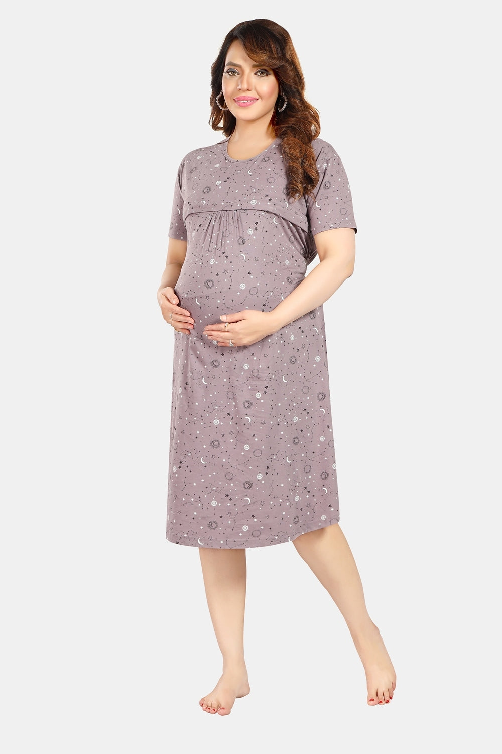 Fabme Women's Light Chocolate Horizontal Zip Pure Cotton Knee Length Maternity Night Dress Nighty