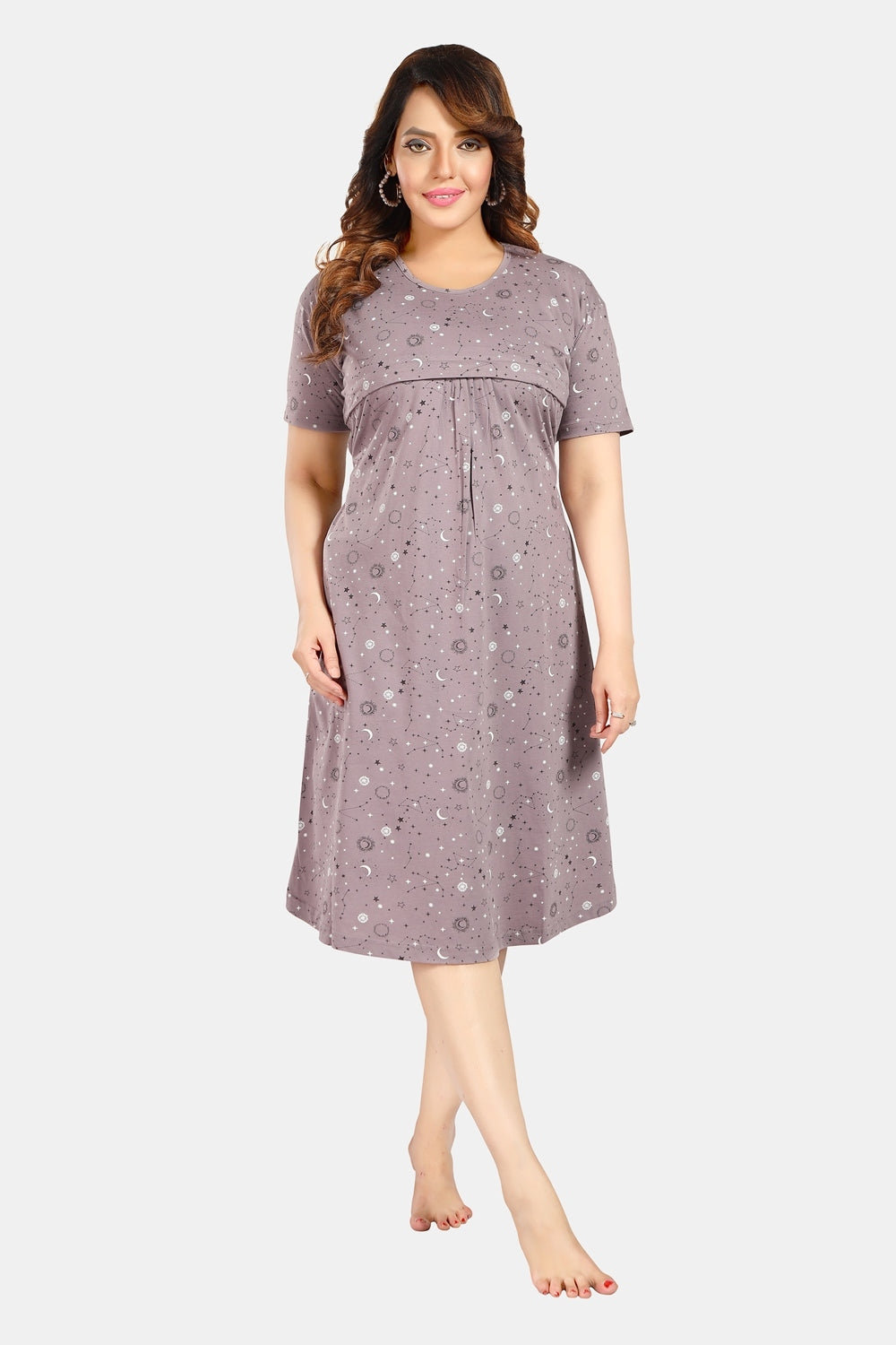 Fabme Women's Light Chocolate Horizontal Zip Pure Cotton Knee Length Maternity Night Dress Nighty