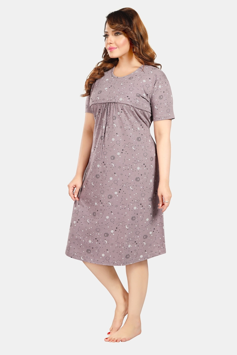 Fabme Women's Light Chocolate Horizontal Zip Pure Cotton Knee Length Maternity Night Dress Nighty