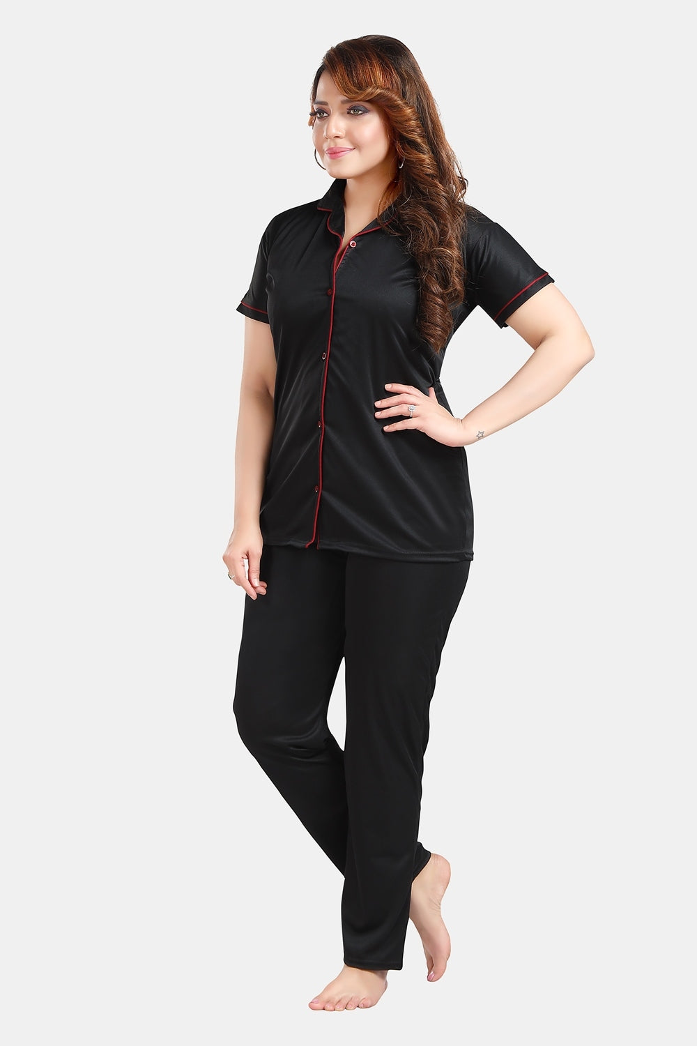 Fabme Women's Black Printed Viscose Polyester EveryDay Top and Pyjama Set
