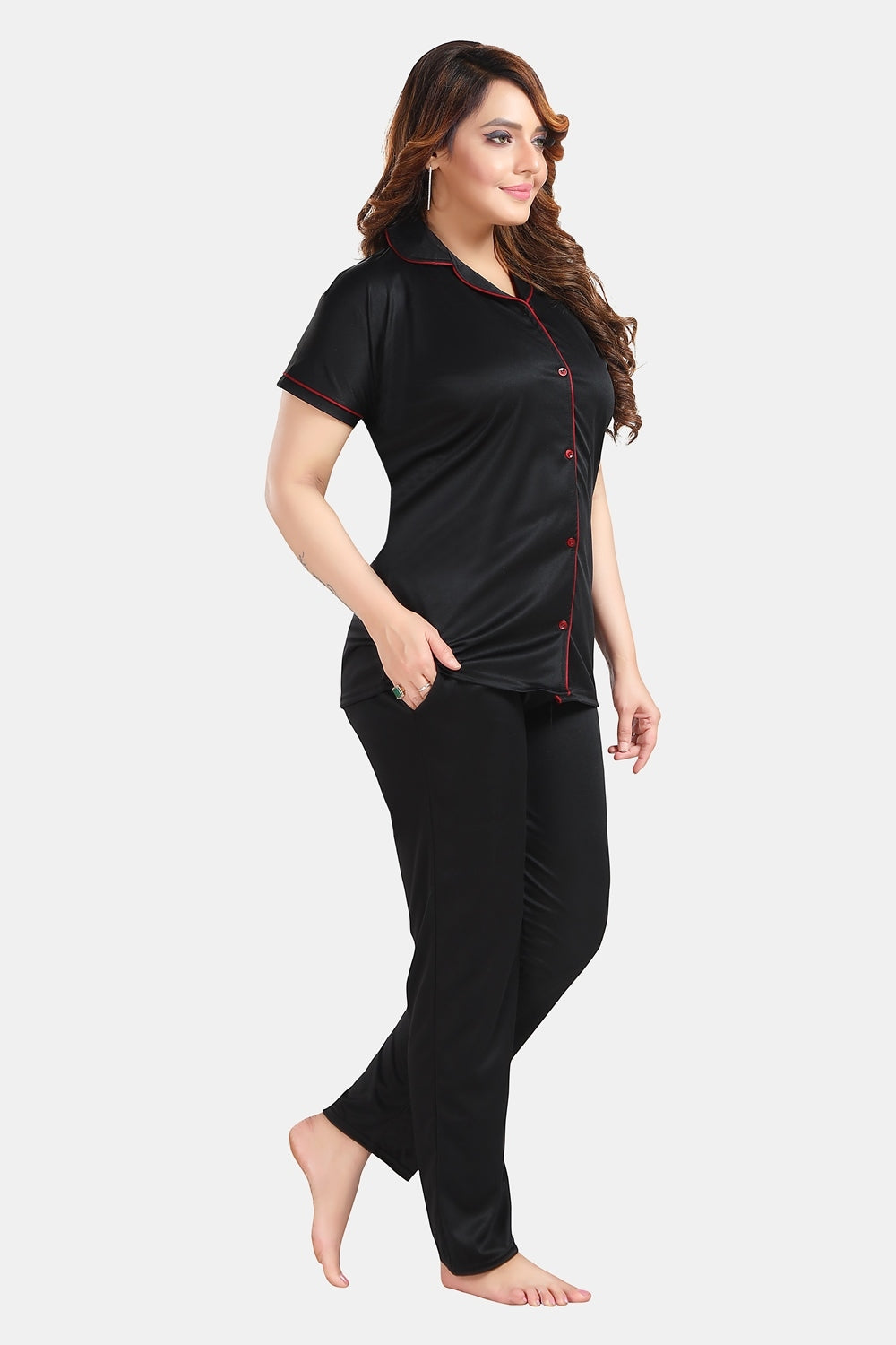 Fabme Women's Black Printed Viscose Polyester EveryDay Top and Pyjama Set
