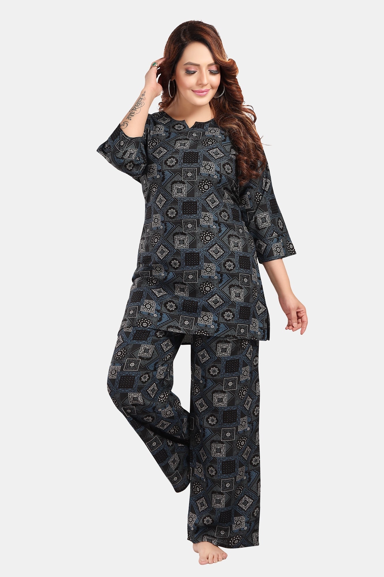 Fabme Women's Black Motif Print Rayon EveryDay Co-Ord Set