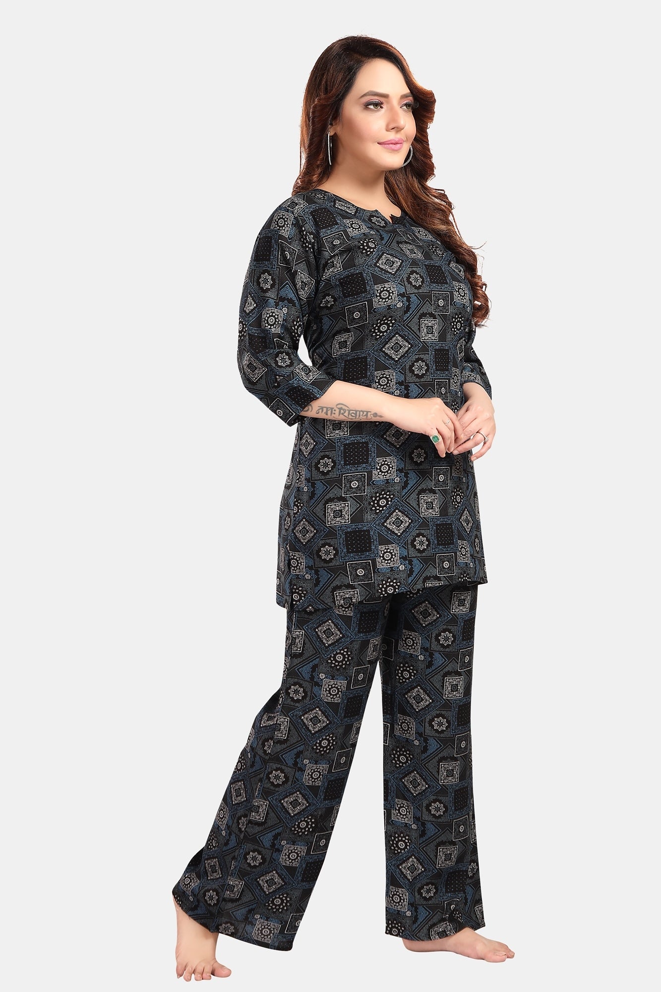 Fabme Women's Black Motif Print Rayon EveryDay Co-Ord Set