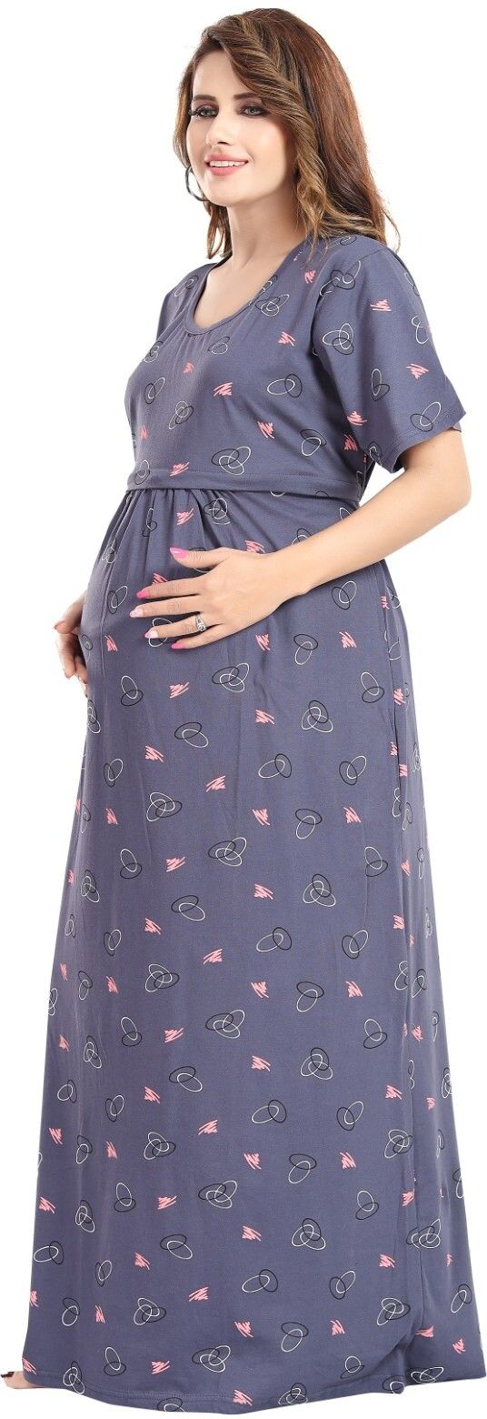 Fabme Women's Full Length Printed Pre and Post Pregnancy Pure Cotton Nursing Nightdress Nighty - Grey