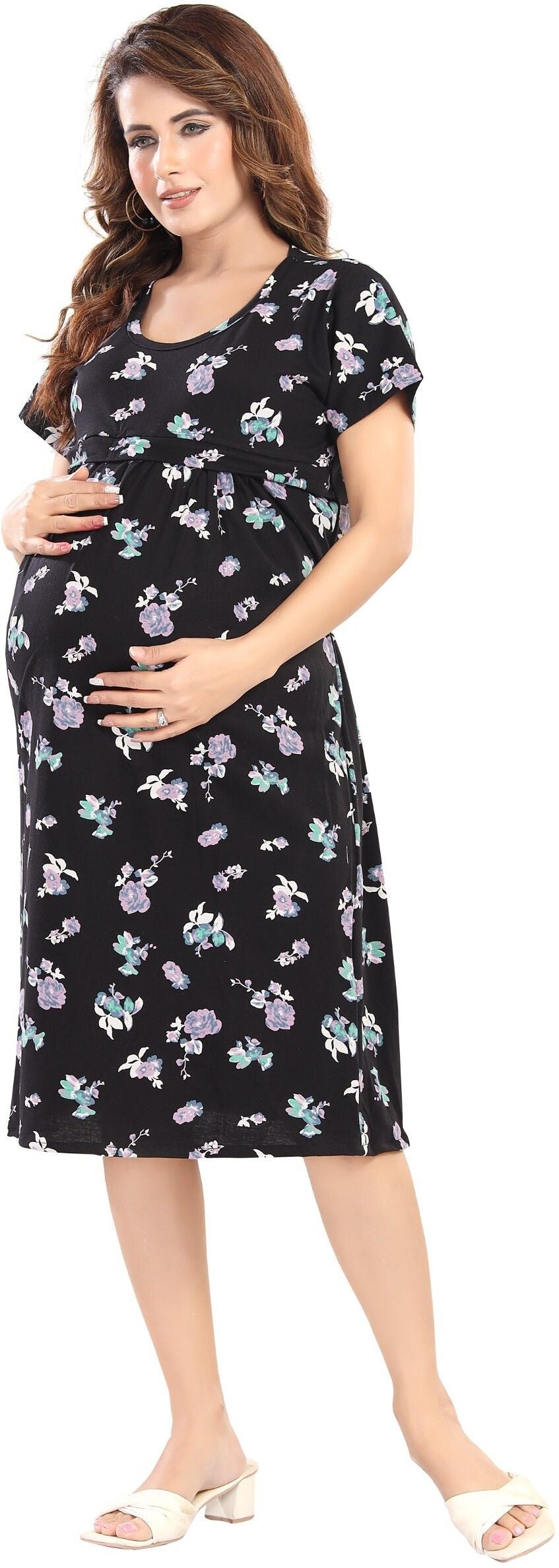 Fabme Women's Pre and Post Pregnancy Below Knee Length Nursing Nighty - Black