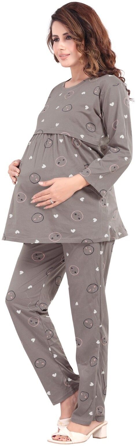 Fabme Pure Cotton Knit Three Fourth Sleeves Printed Night Suit - Grey