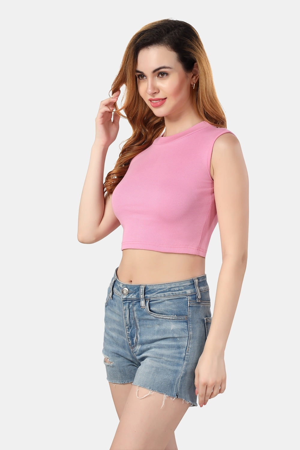 Fabme Women's Rib Pink Turtle Neck Crop Top