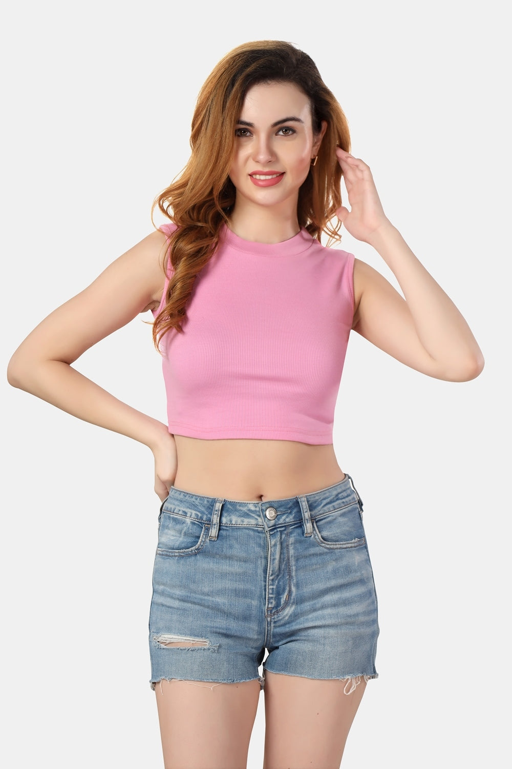 Fabme Women's Rib Pink Turtle Neck Crop Top