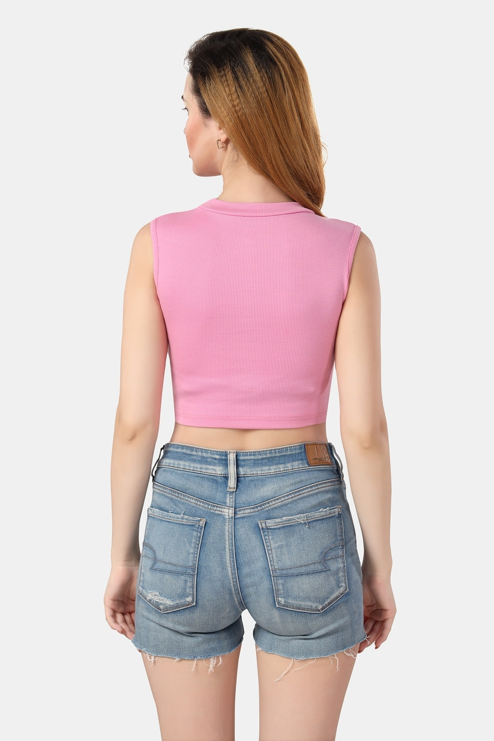 Fabme Women's Rib Pink Turtle Neck Crop Top