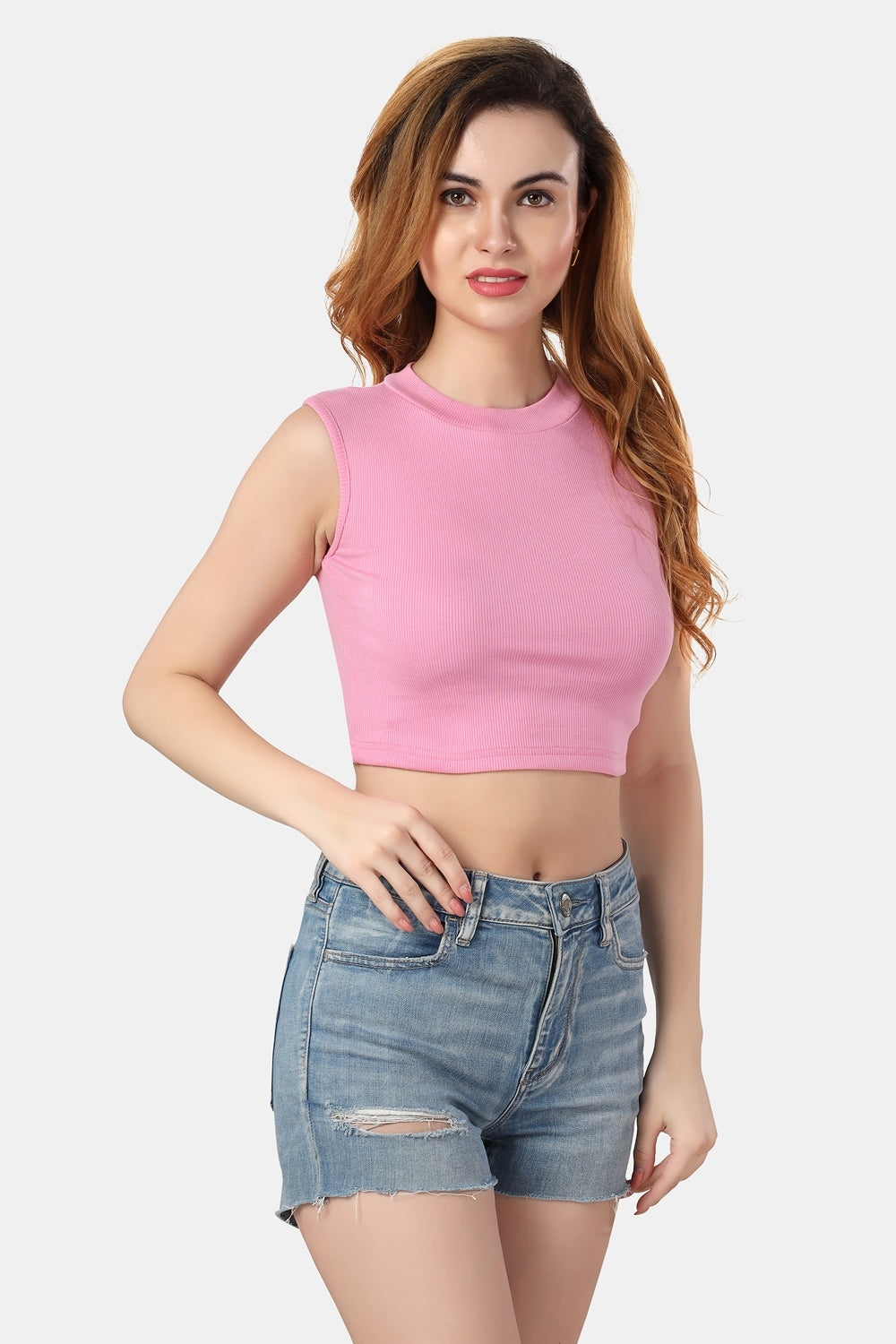 Fabme Women's Rib Pink Turtle Neck Crop Top