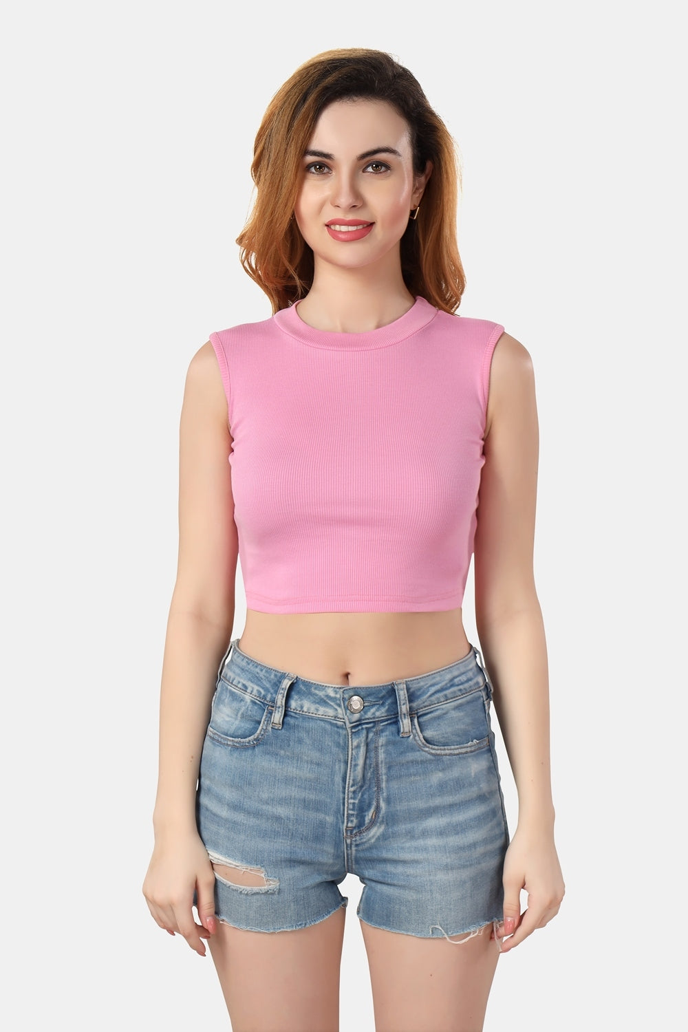 Fabme Women's Rib Pink Turtle Neck Crop Top