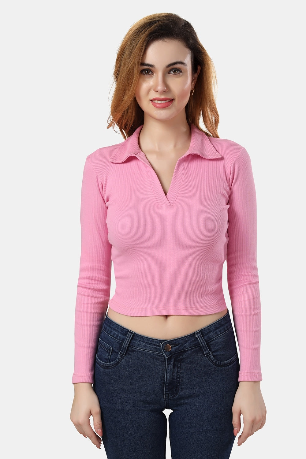 Fabme Women's Rib Pink Polo Neck Crop Top