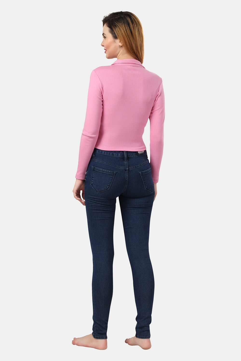 Fabme Women's Rib Pink Polo Neck Crop Top
