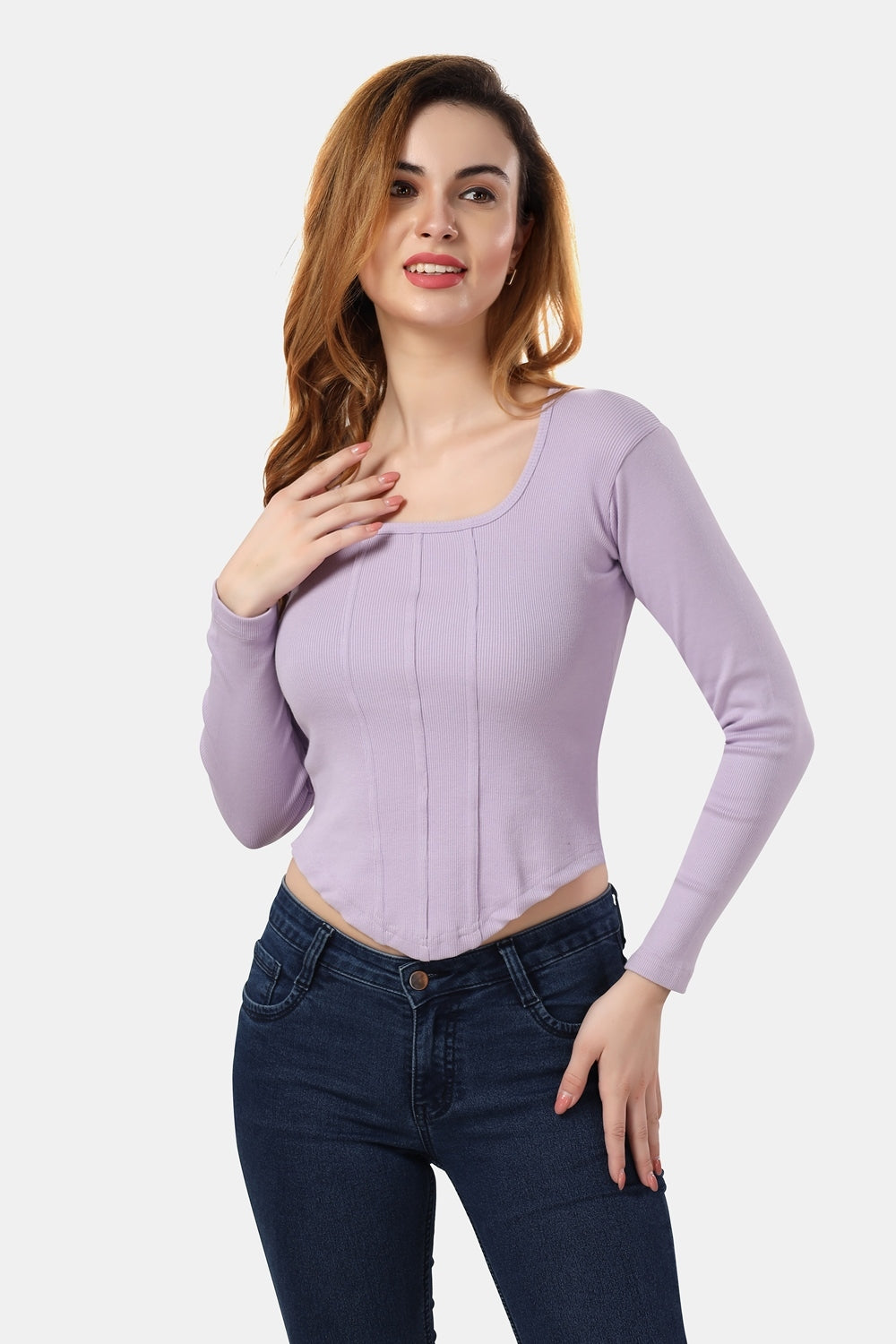 Fabme Women's Rib Lavender Square Neck Crop Top