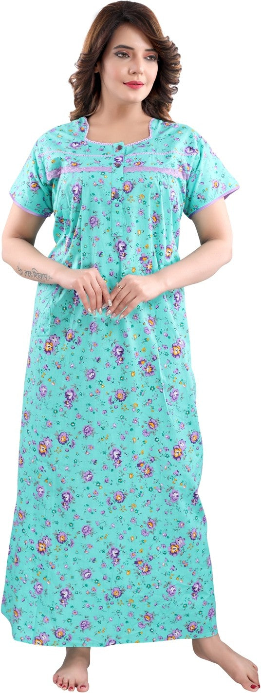 Fabme Women's Sea Green Horizontal Zip Cotton Full Length Maternity Night Dress Nighty