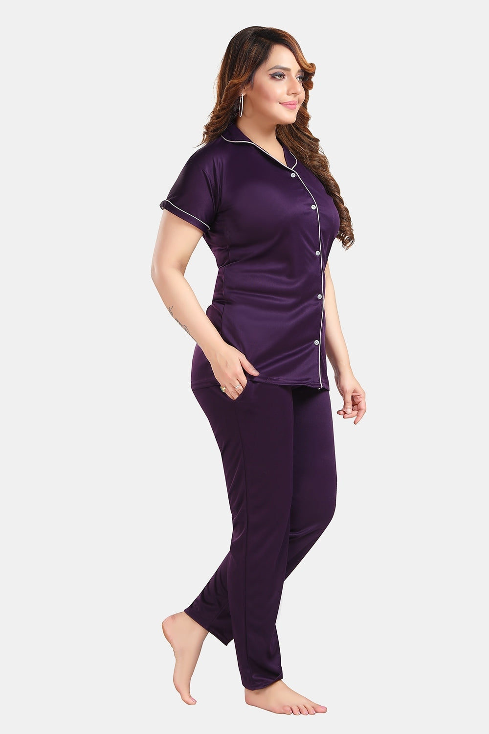 Fabme Women's Purple Printed Viscose Polyester EveryDay Top and Pyjama Set