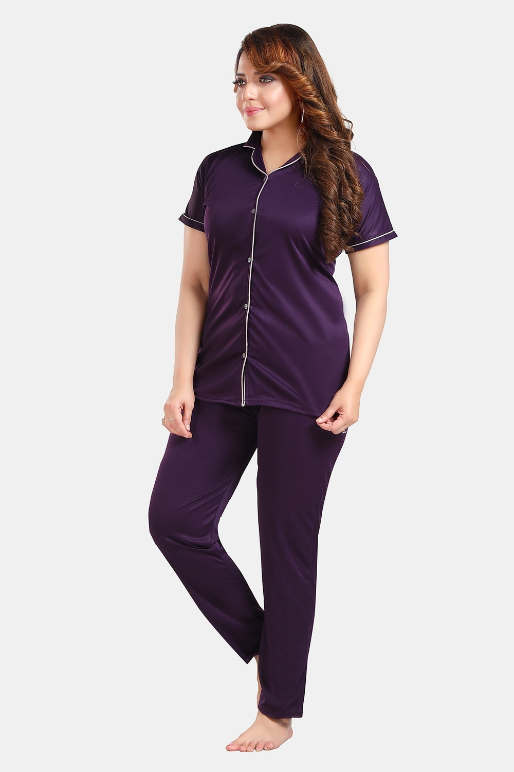 Fabme Women's Purple Printed Viscose Polyester EveryDay Top and Pyjama Set