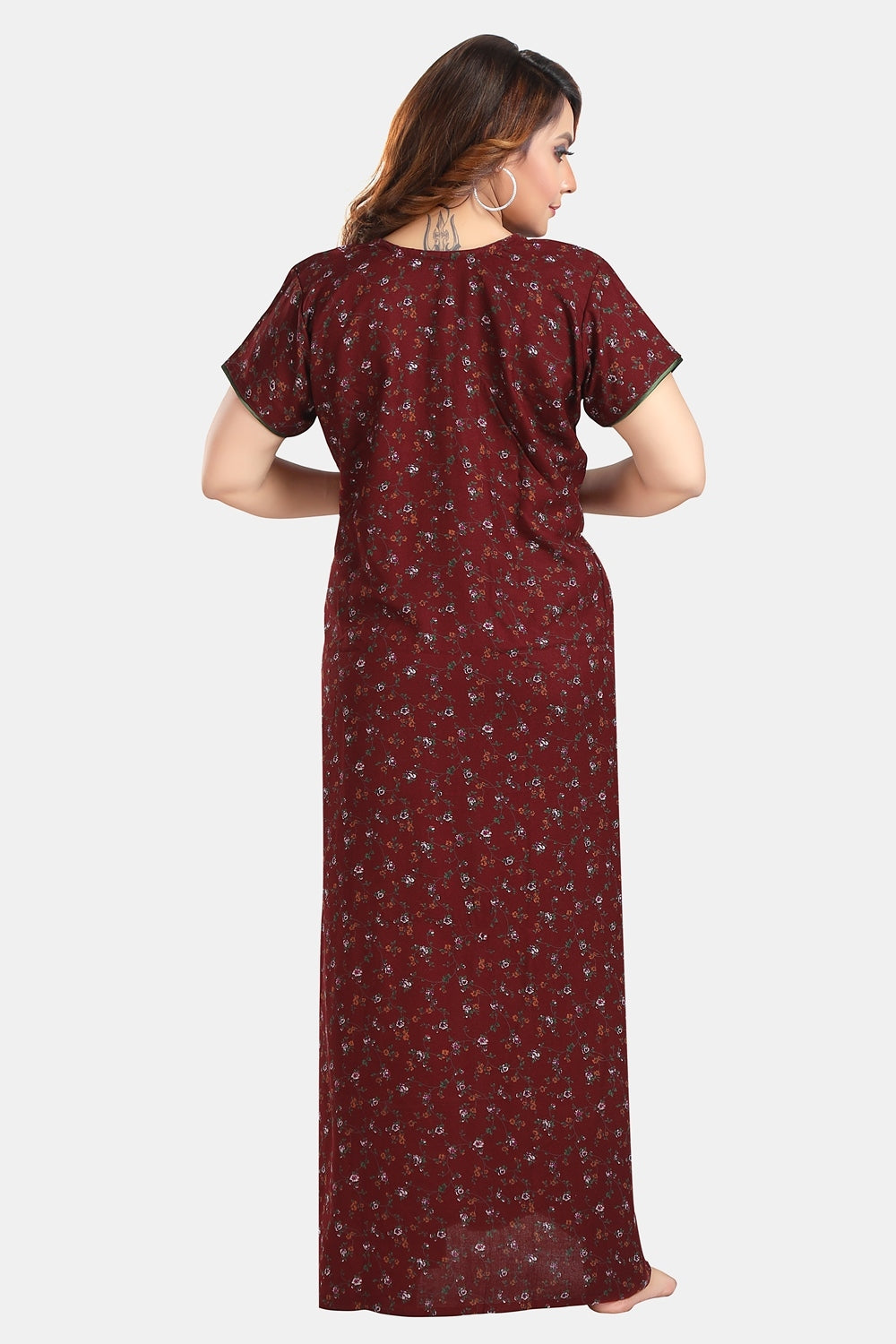 Fabme Women's Maroon Horizontal Zip Alpine Cotton Full Length Maternity Night Dress Nighty