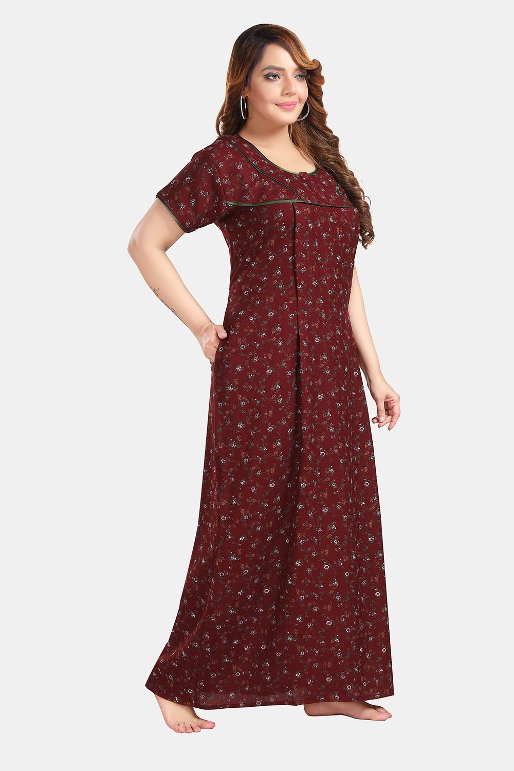 Fabme Women's Maroon Horizontal Zip Alpine Cotton Full Length Maternity Night Dress Nighty