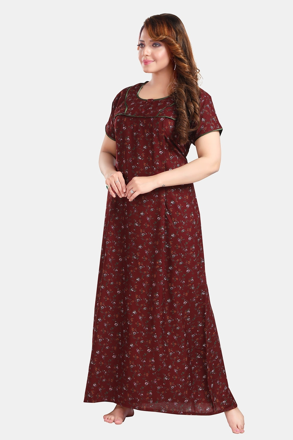 Fabme Women's Maroon Horizontal Zip Alpine Cotton Full Length Maternity Night Dress Nighty