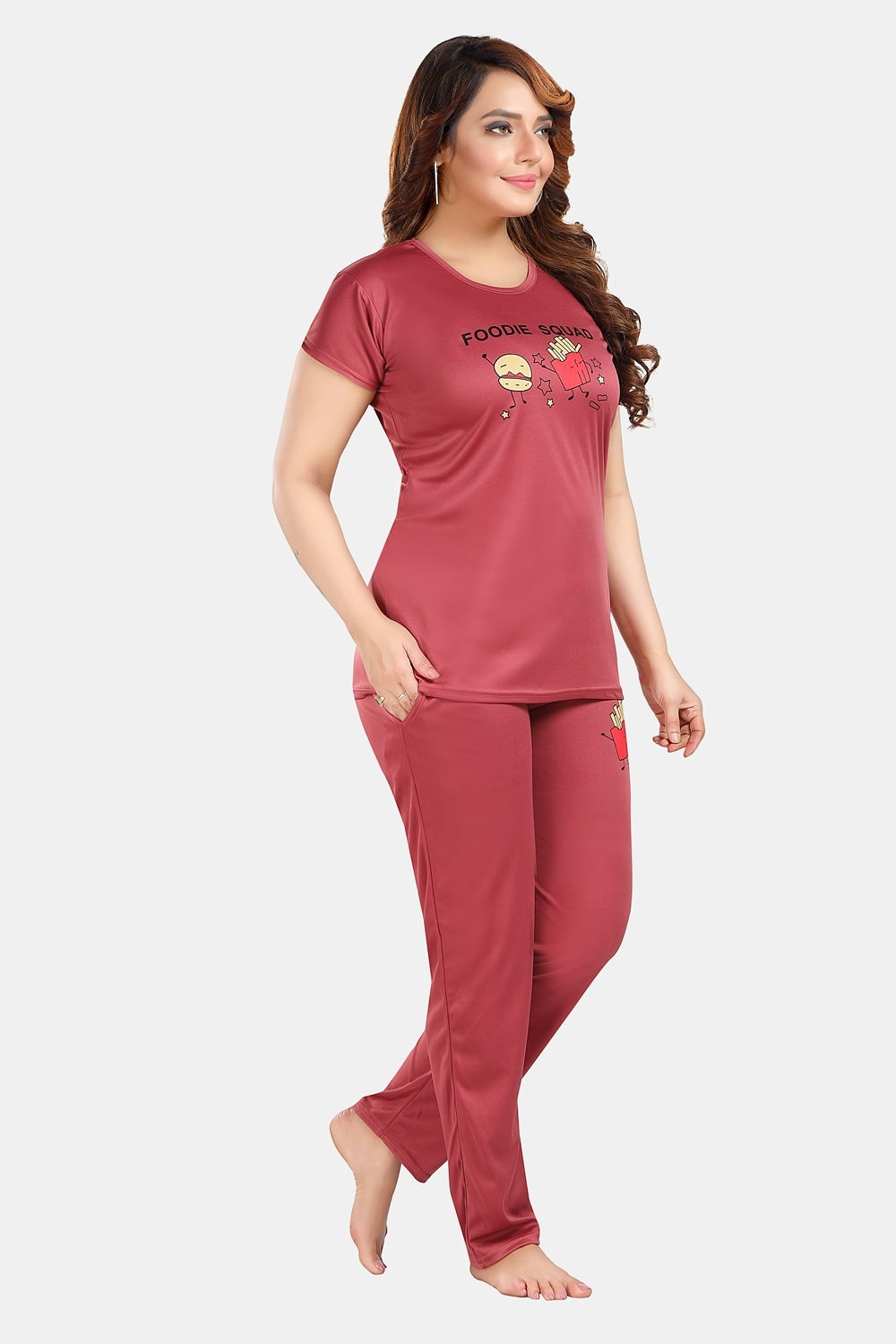 Fabme Women's Red Motif Print Viscose Polyester EveryDay Top and Pyjama Set