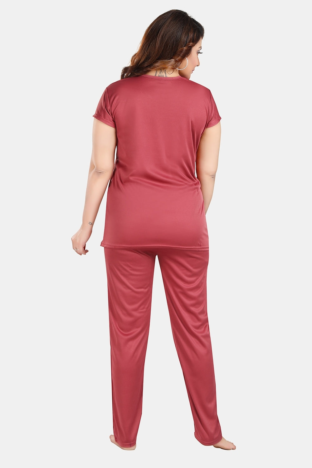 Fabme Women's Red Motif Print Viscose Polyester EveryDay Top and Pyjama Set