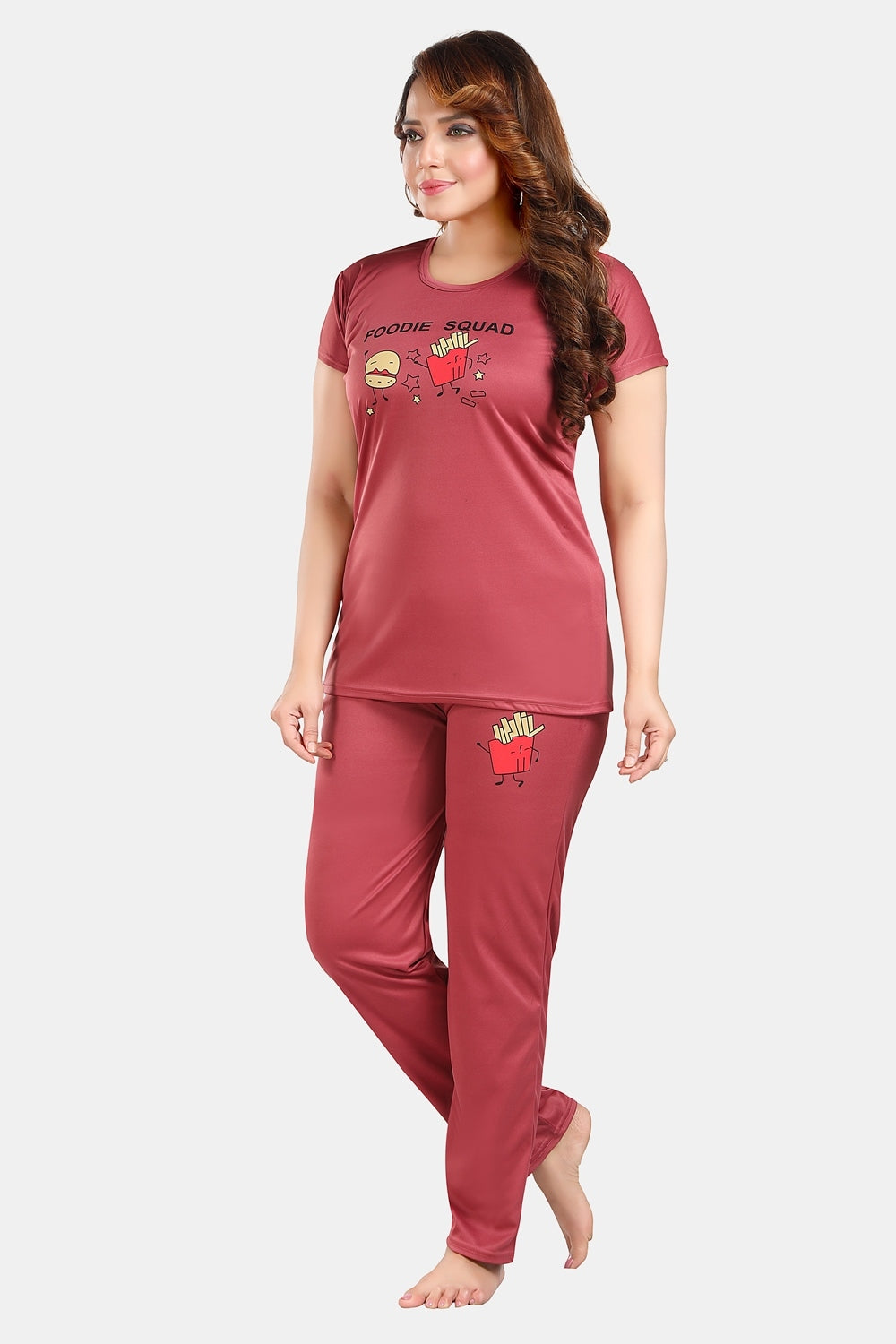 Fabme Women's Red Motif Print Viscose Polyester EveryDay Top and Pyjama Set