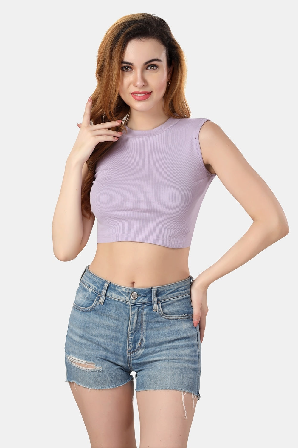 Fabme Women's Rib Lavender Turtle Neck Crop Top