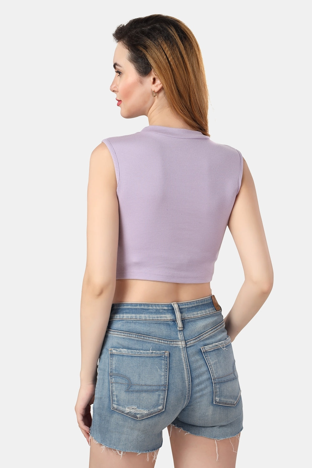 Fabme Women's Rib Lavender Turtle Neck Crop Top