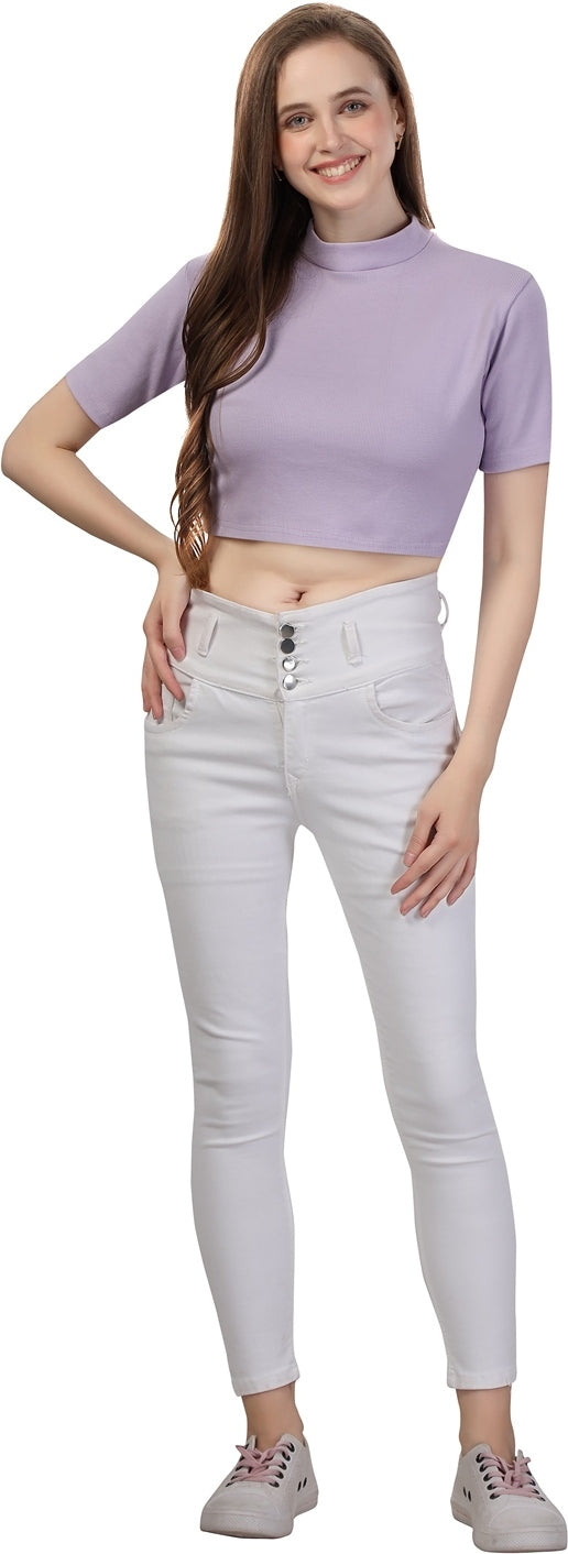 Fabme Women's Rib Lavender Turtle Neck Crop Top