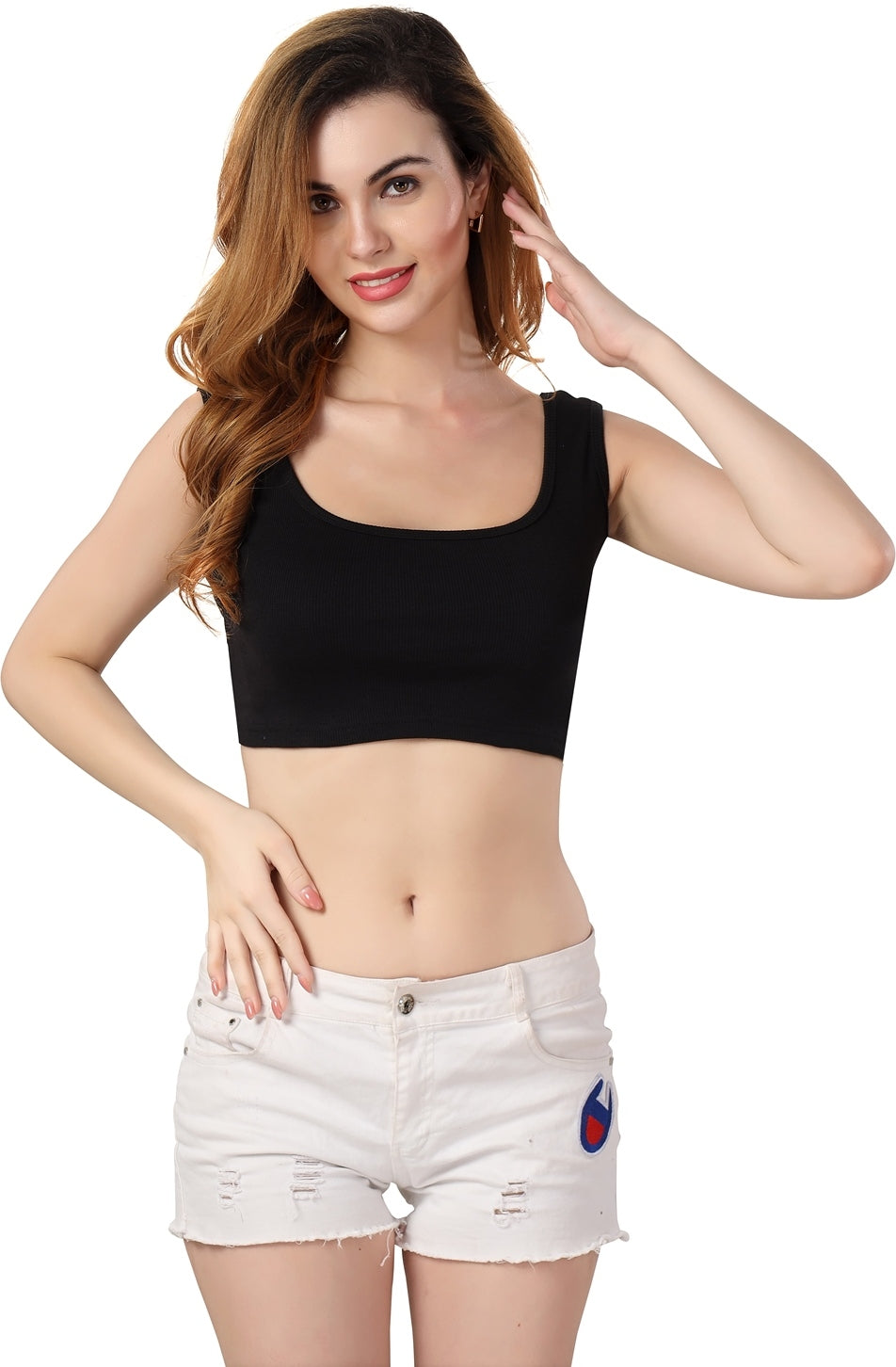 Fabme Women's Rib Black Square Neck Crop Top