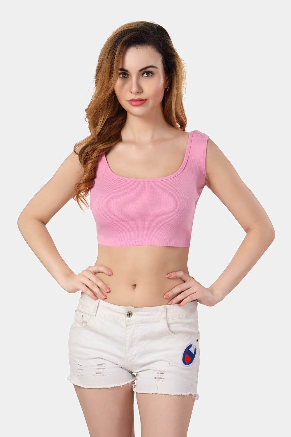 Fabme Women's Rib Pink Square Neck Crop Top