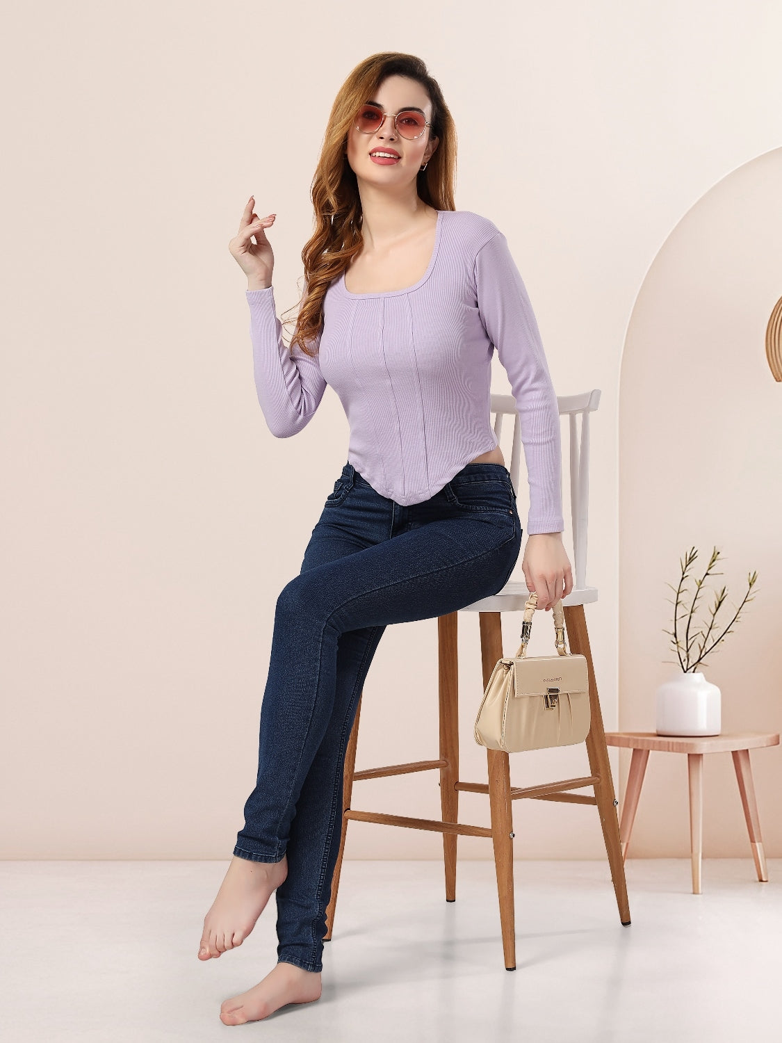 Fabme Women's Rib Lavender Square Neck Crop Top