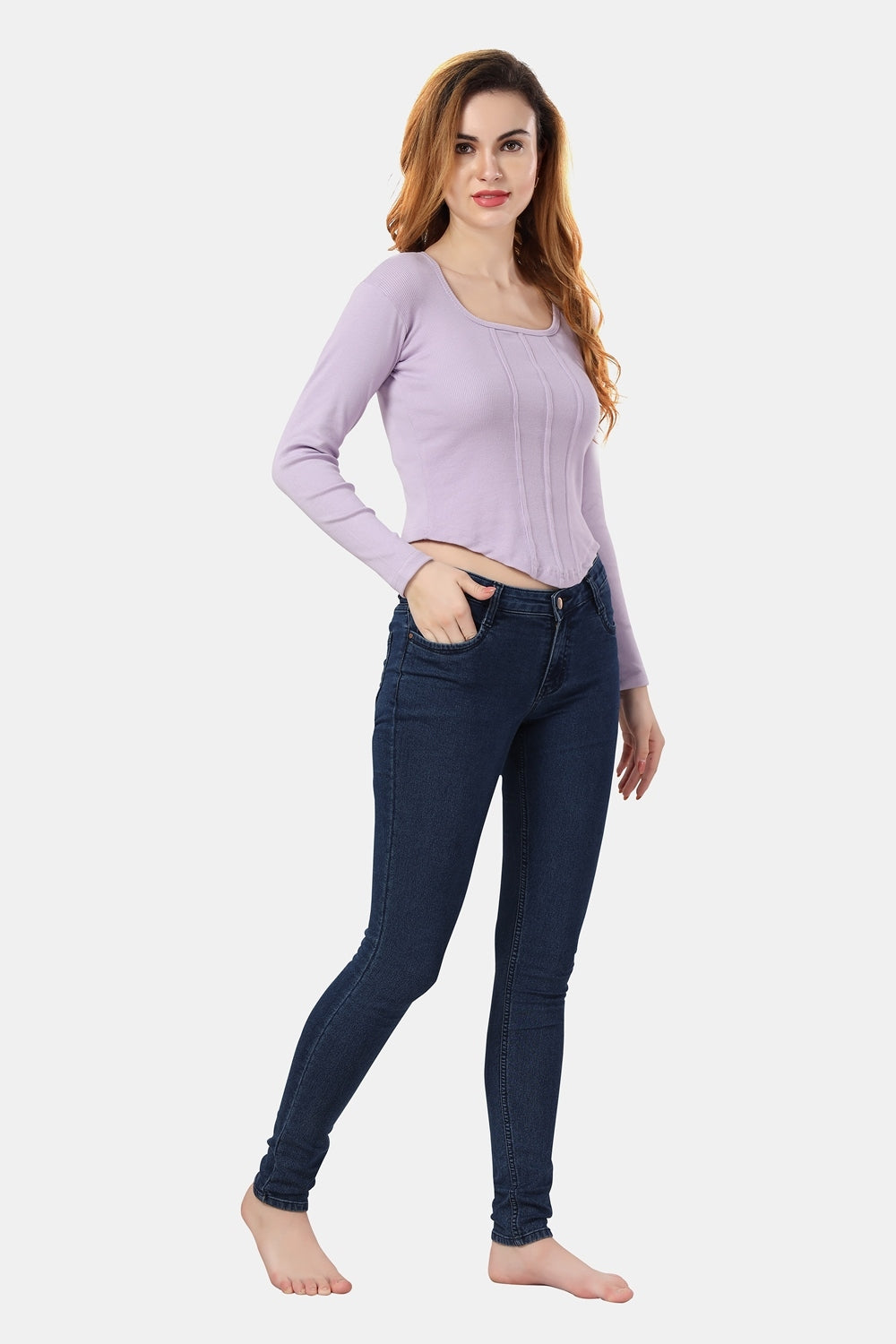 Fabme Women's Rib Lavender Square Neck Crop Top