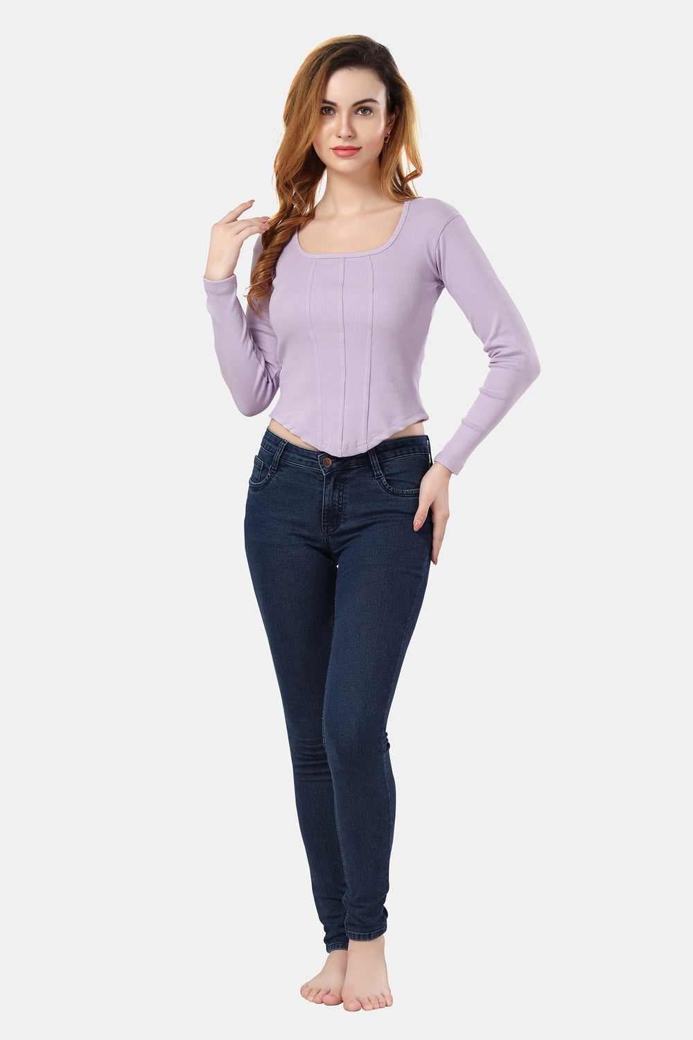 Fabme Women's Rib Lavender Square Neck Crop Top