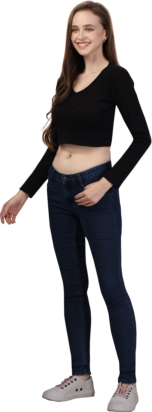 Fabme Women's Rib Black V Neck Crop Top