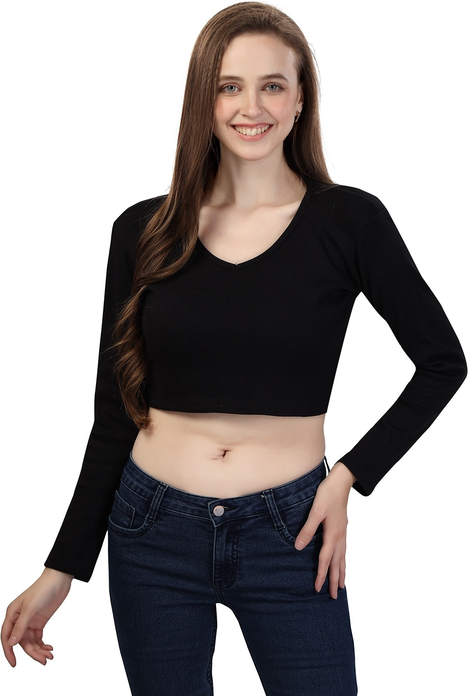 Fabme Women's Rib Black V Neck Crop Top