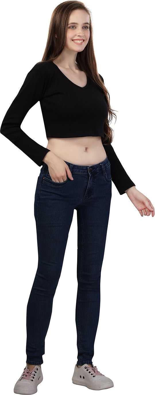 Fabme Women's Rib Black V Neck Crop Top