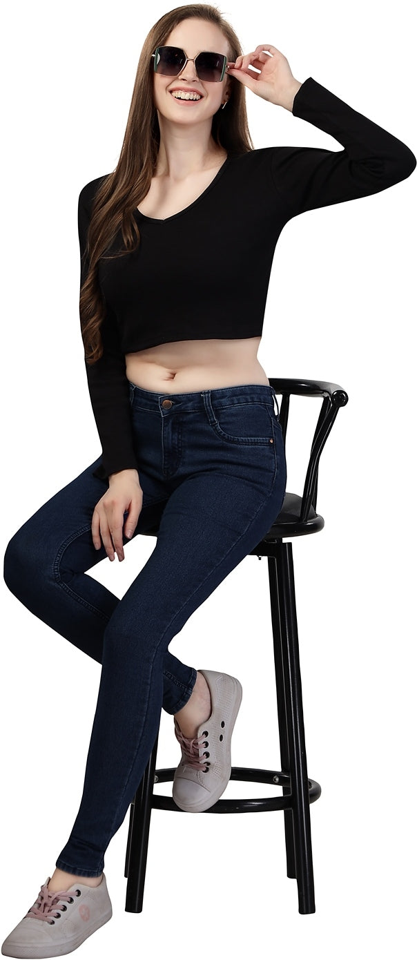 Fabme Women's Rib Black V Neck Crop Top