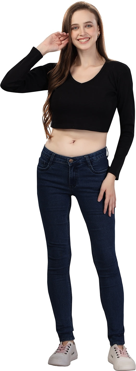 Fabme Women's Rib Black V Neck Crop Top
