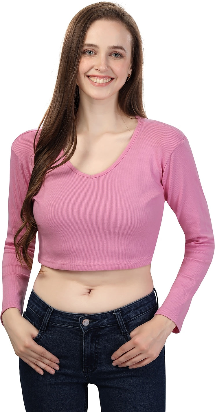 Fabme Women's Rib Pink V Neck Crop Top